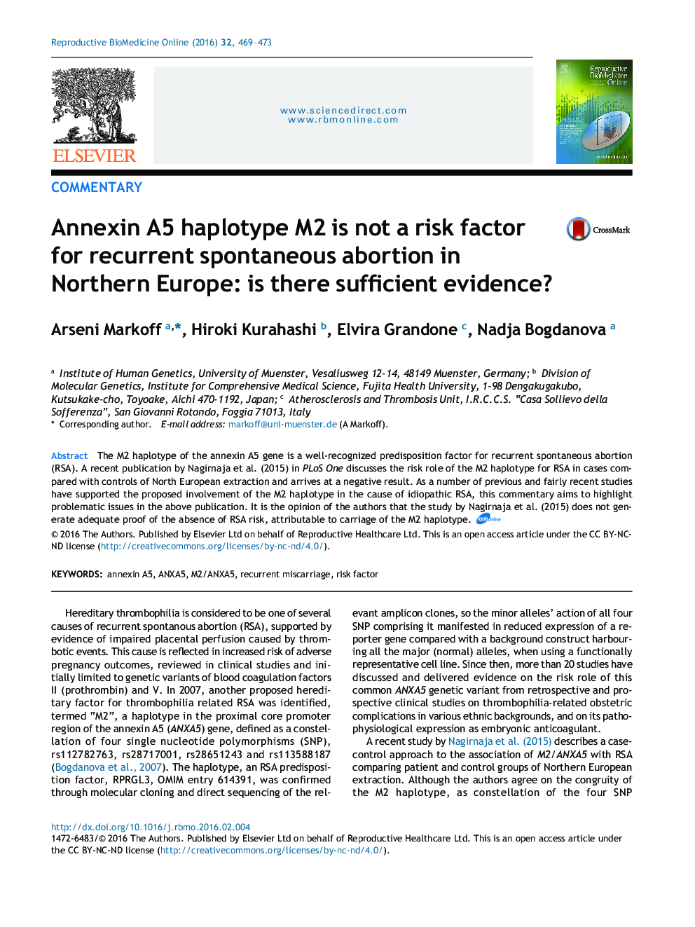 Annexin A5 haplotype M2 is not a risk factor for recurrent spontaneous abortion in Northern Europe: is there sufficient evidence?