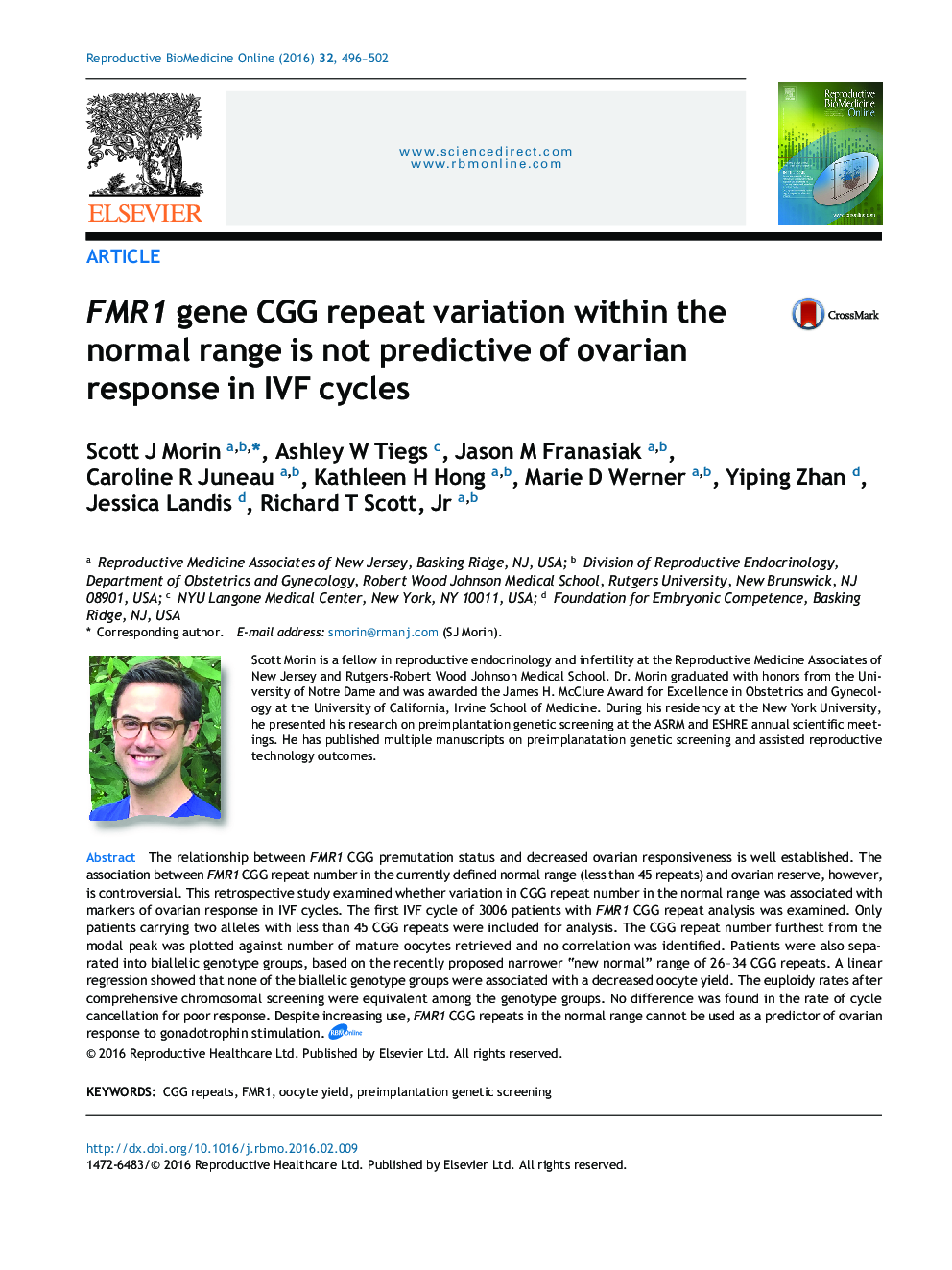 FMR1 gene CGG repeat variation within the normal range is not predictive of ovarian response in IVF cycles