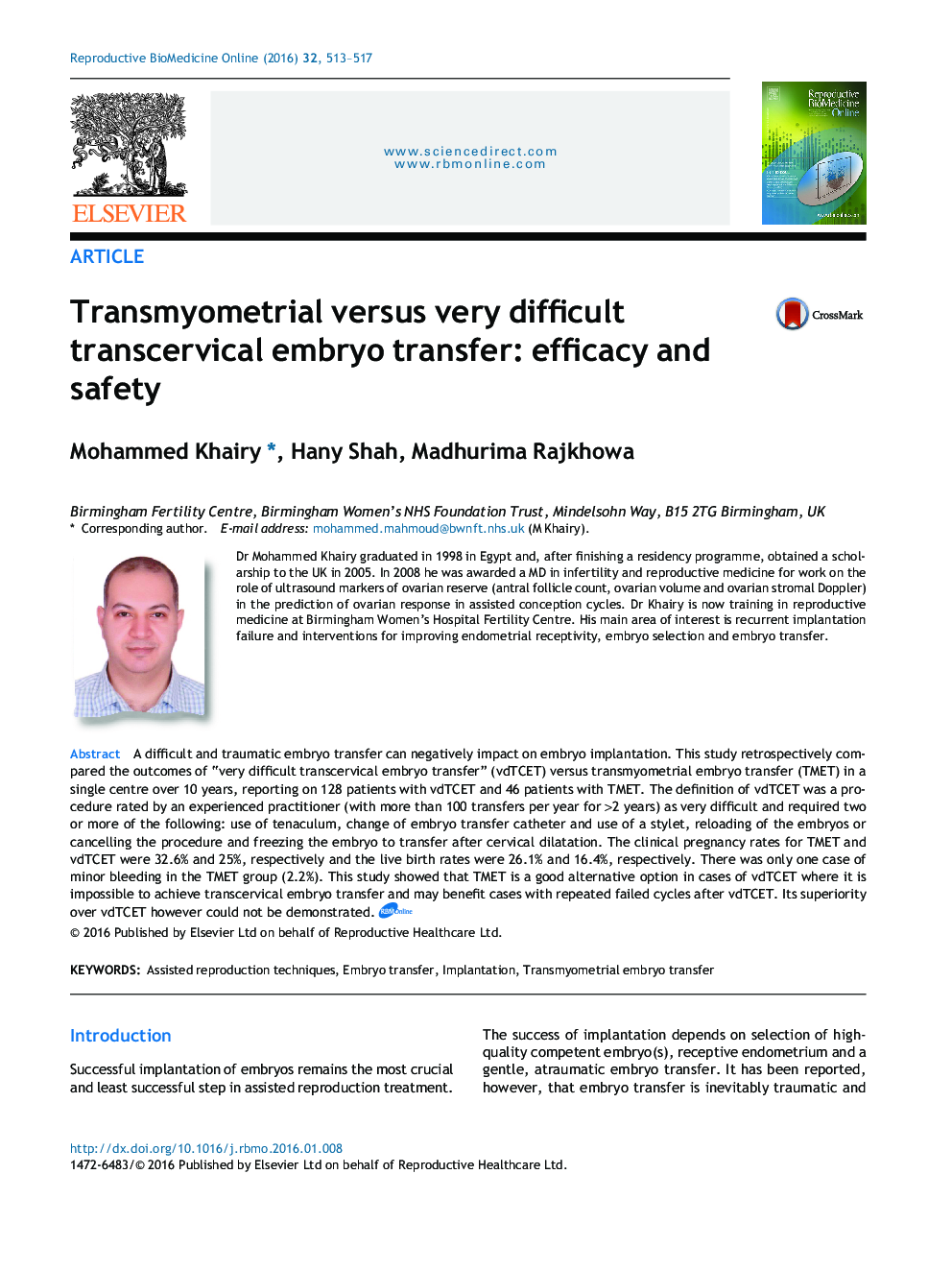 Transmyometrial versus very difficult transcervical embryo transfer: efficacy and safety