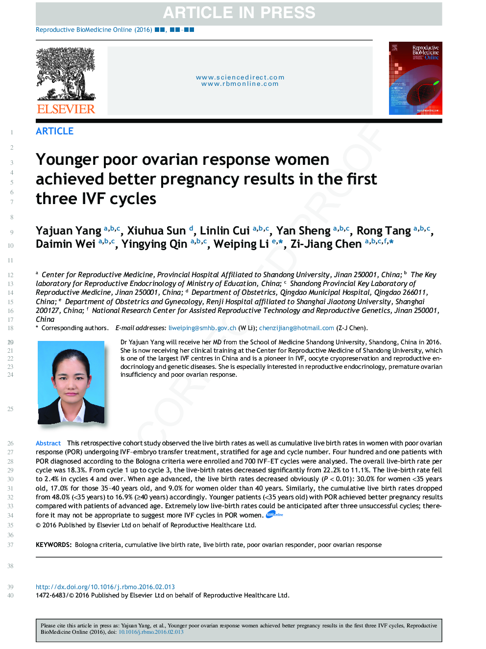 Younger poor ovarian response women achieved better pregnancy results in the first three IVF cycles