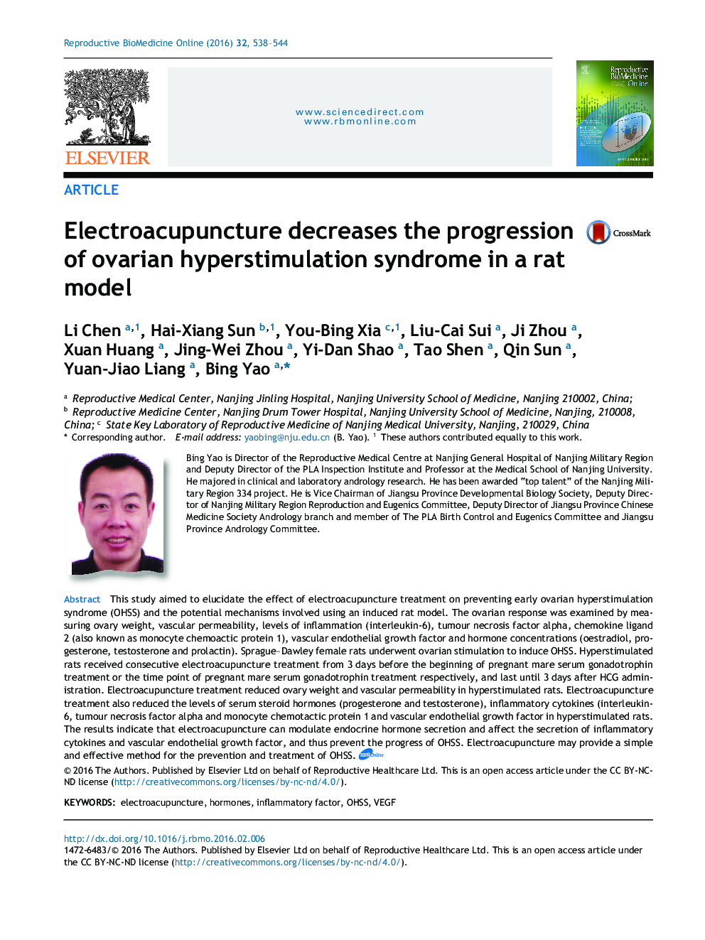 Electroacupuncture decreases the progression of ovarian hyperstimulation syndrome in a rat model