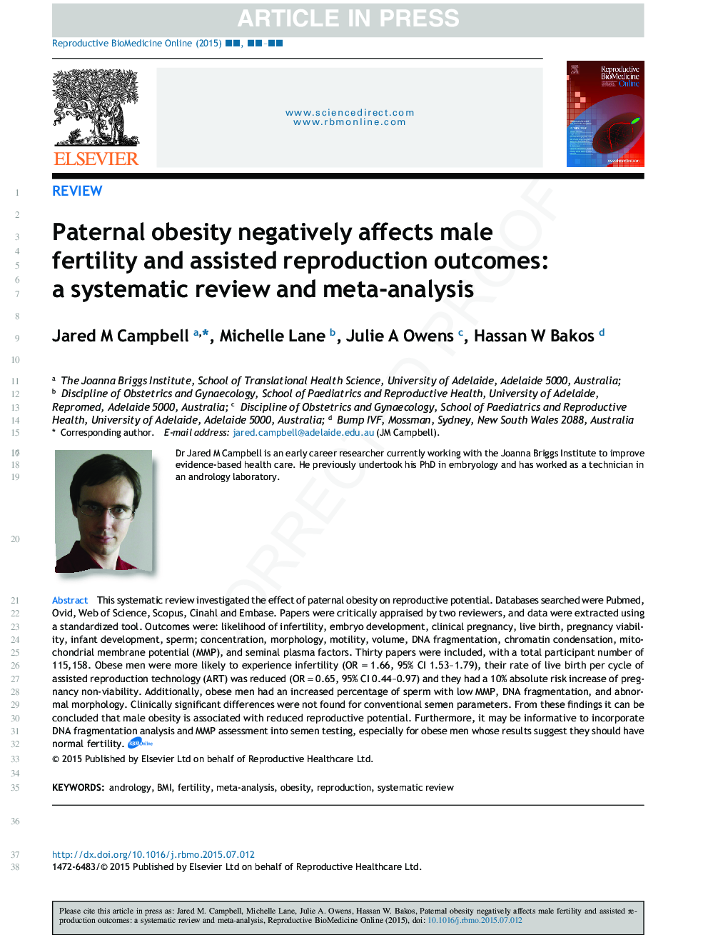 Paternal obesity negatively affects male fertility and assisted reproduction outcomes: a systematic review and meta-analysis