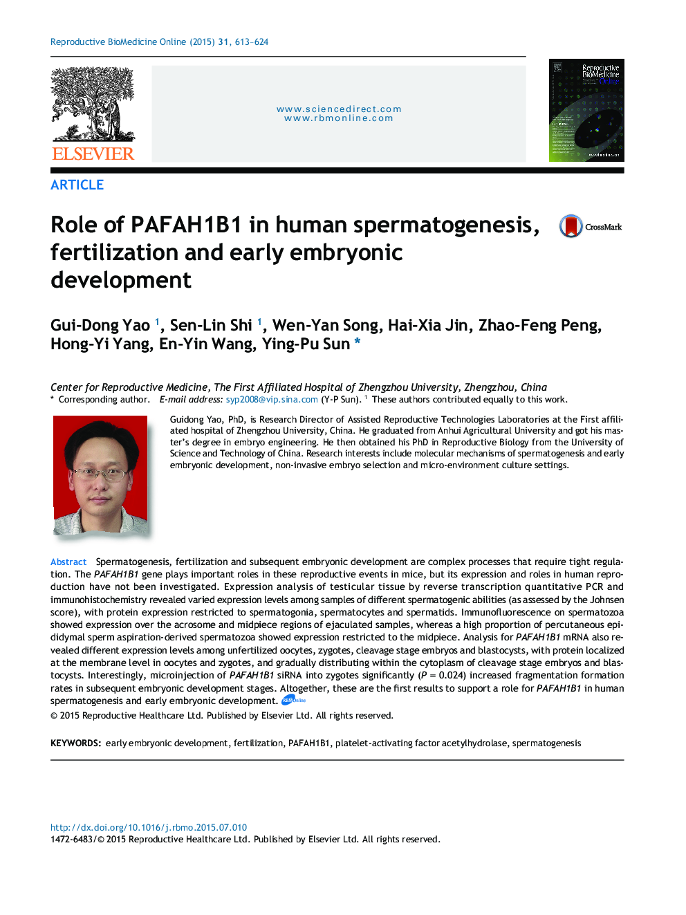 Role of PAFAH1B1 in human spermatogenesis, fertilization and early embryonic development
