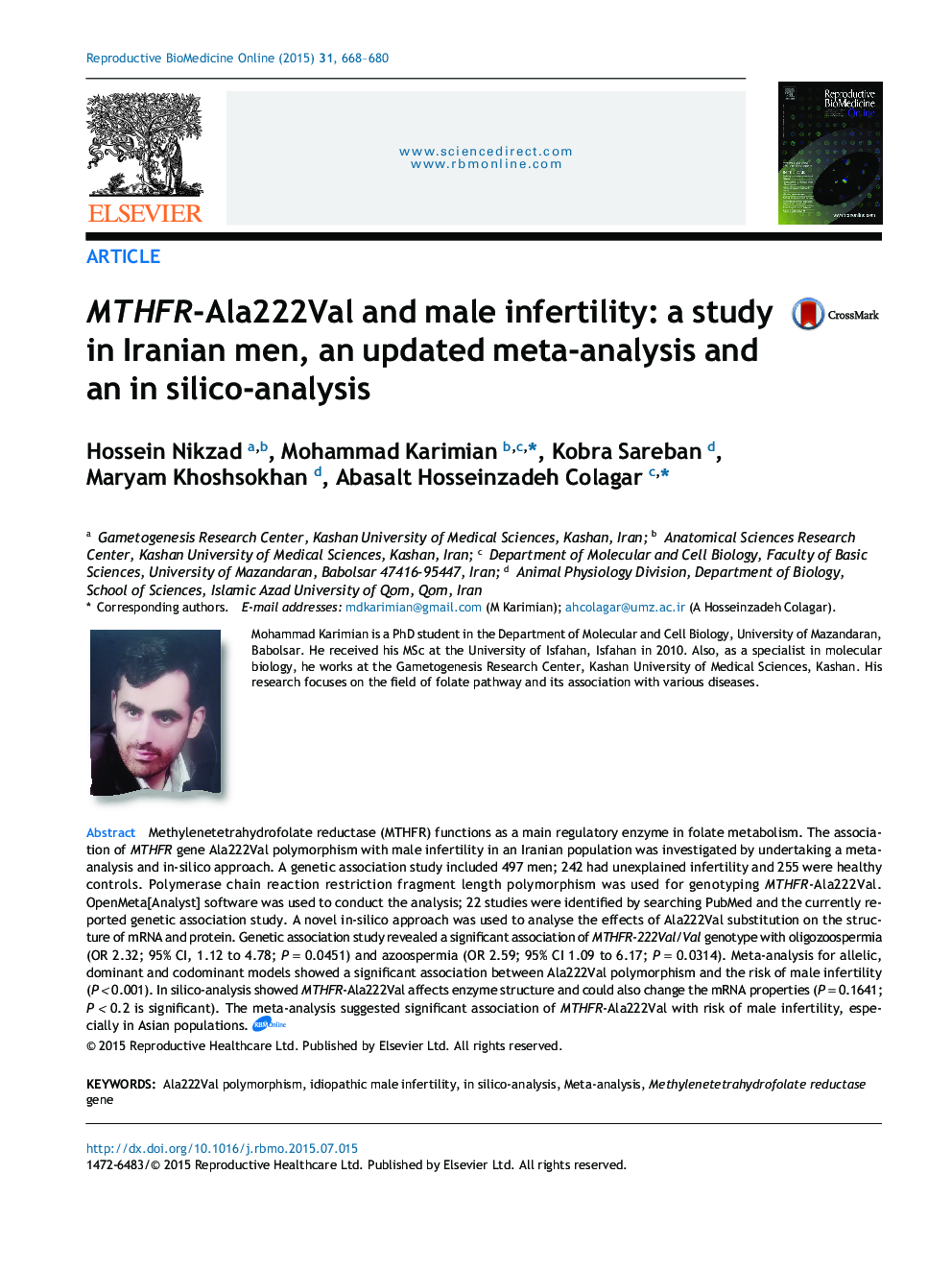 MTHFR-Ala222Val and male infertility: a study in Iranian men, an updated meta-analysis and an in silico-analysis