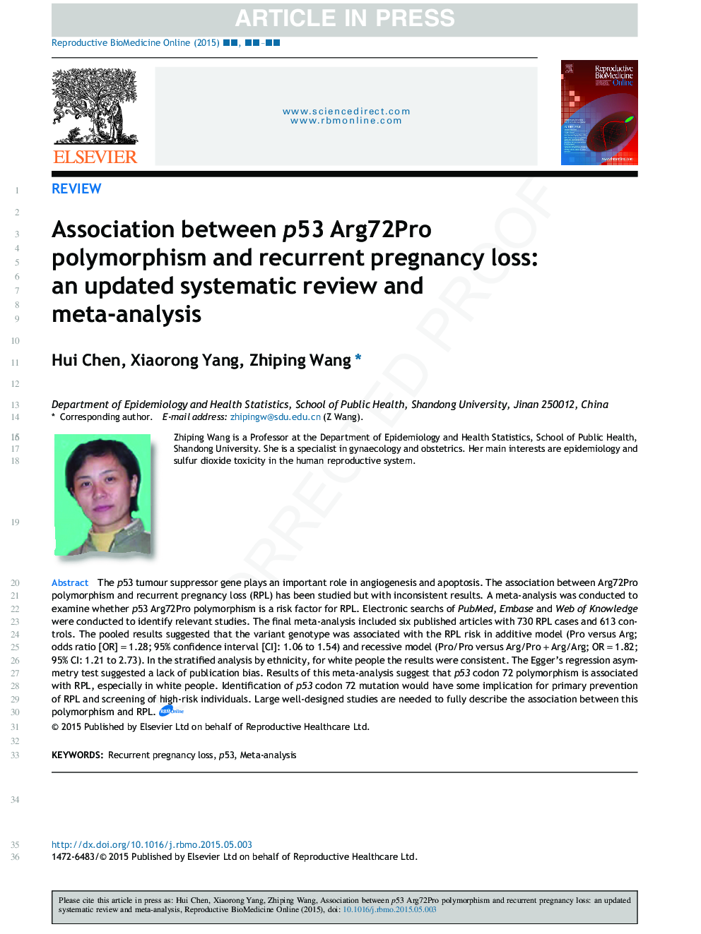 Association between p53 Arg72Pro polymorphism and recurrent pregnancy loss: an updated systematic review and meta-analysis