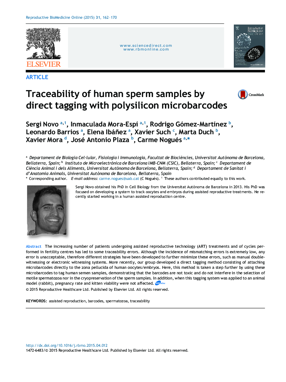 Traceability of human sperm samples by direct tagging with polysilicon microbarcodes