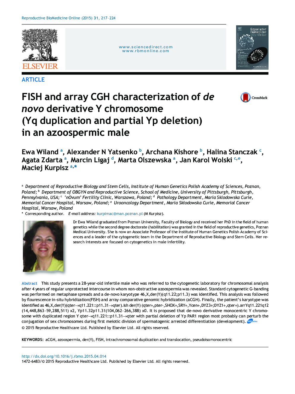 FISH and array CGH characterization of de novo derivative Y chromosome (Yq duplication and partial Yp deletion) in an azoospermic male