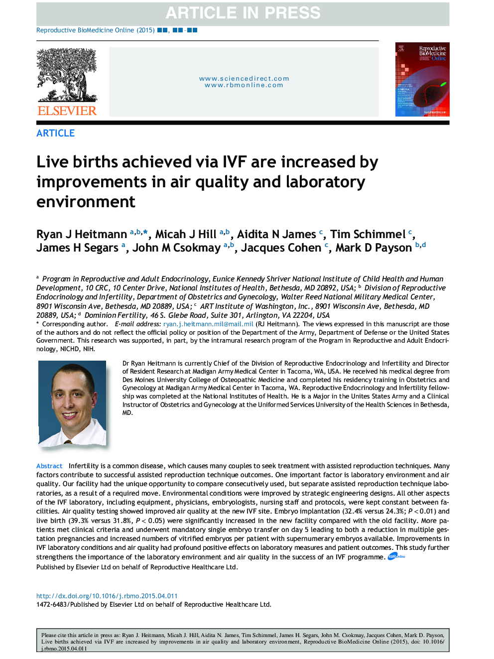 Live births achieved via IVF are increased by improvements in air quality and laboratory environment