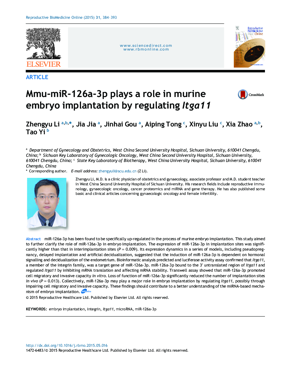 Mmu-miR-126a-3p plays a role in murine embryo implantation by regulating Itga11