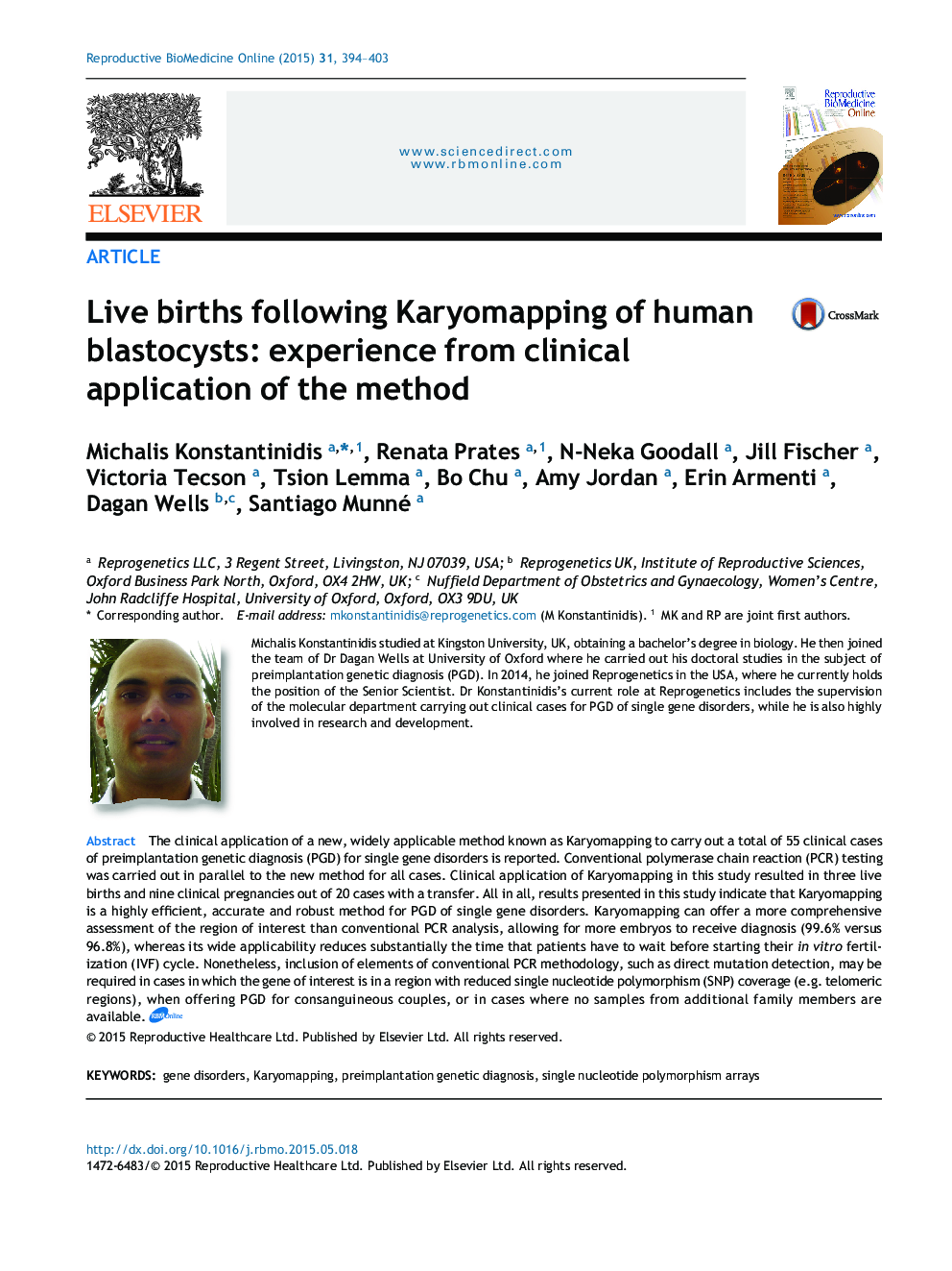 Live births following Karyomapping of human blastocysts: experience from clinical application of the method