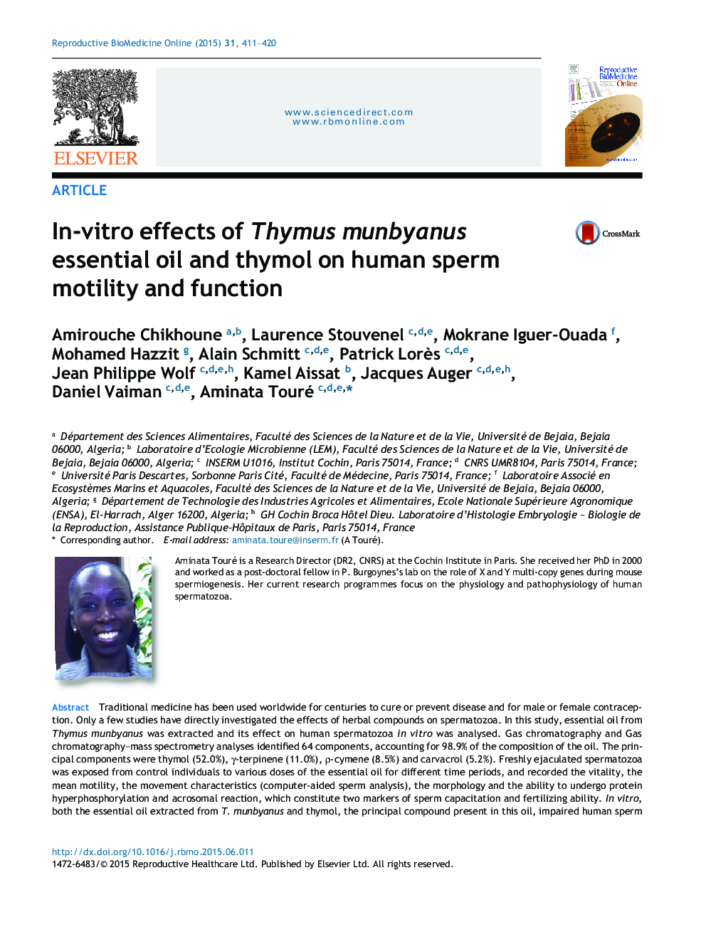 In-vitro effects of Thymus munbyanus essential oil and thymol on human sperm motility and function
