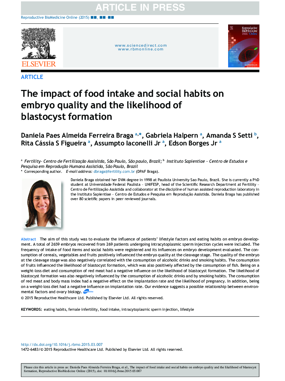 The impact of food intake and social habits on embryo quality and the likelihood of blastocyst formation