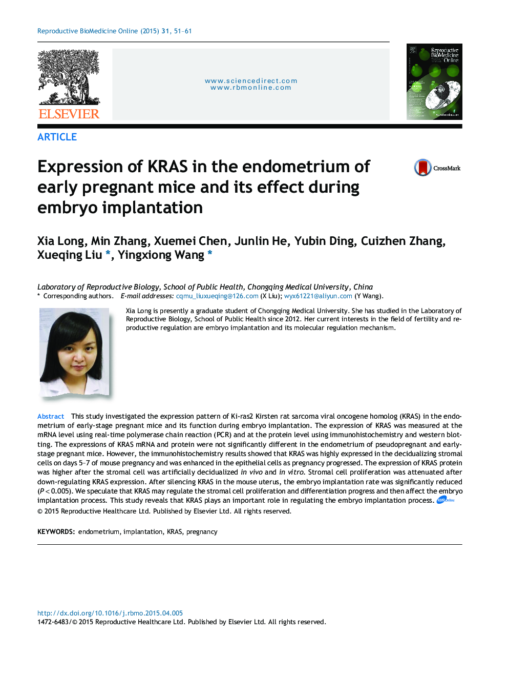 Expression of KRAS in the endometrium of early pregnant mice and its effect during embryo implantation