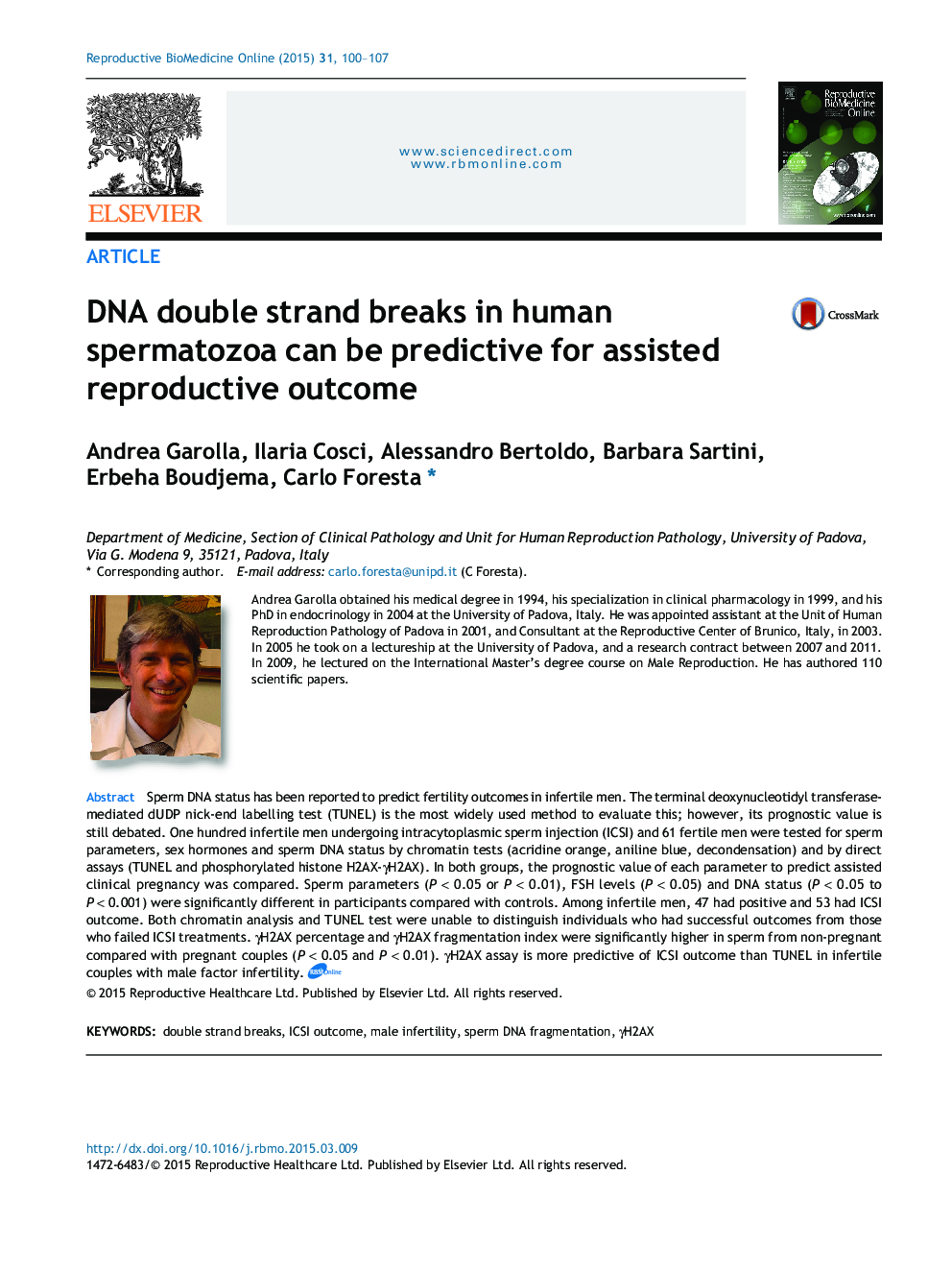 DNA double strand breaks in human spermatozoa can be predictive for assisted reproductive outcome