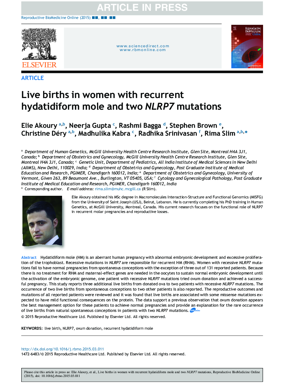 Live births in women with recurrent hydatidiform mole and two NLRP7 mutations