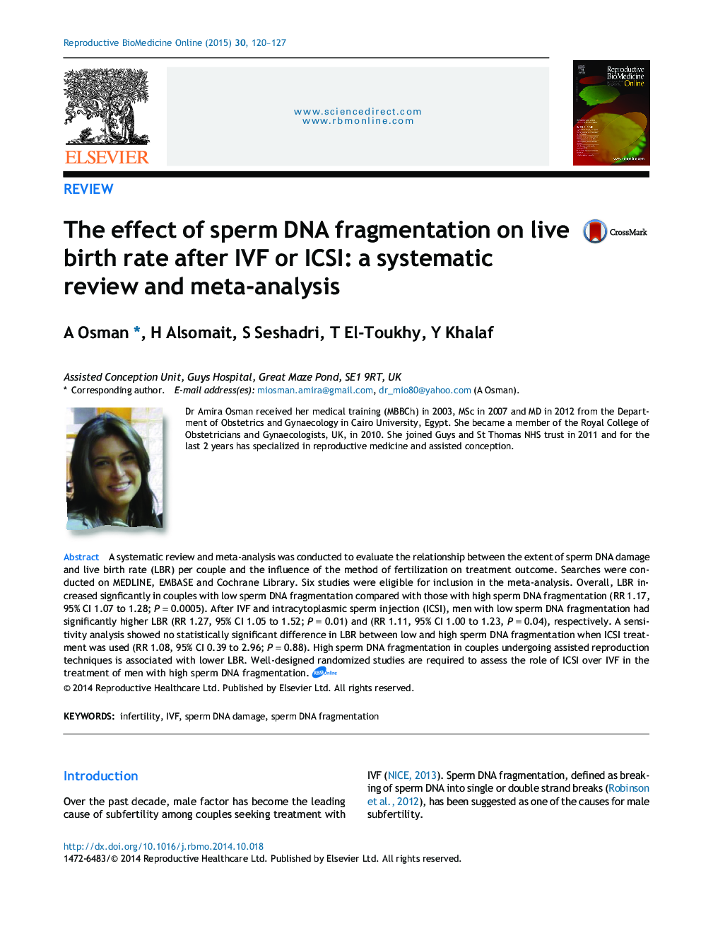 The effect of sperm DNA fragmentation on live birth rate after IVF or ICSI: a systematic review and meta-analysis