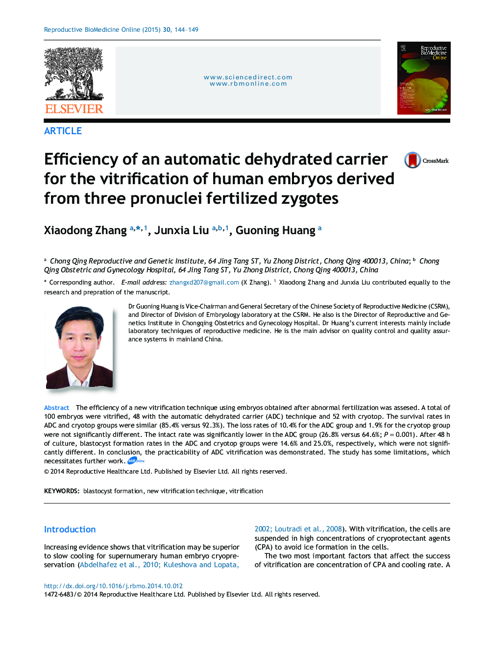Efficiency of an automatic dehydrated carrier for the vitrification of human embryos derived from three pronuclei fertilized zygotes