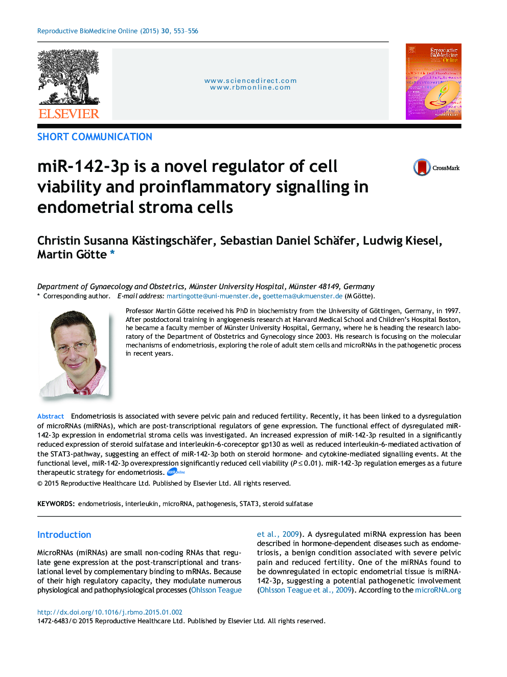 miR-142-3p is a novel regulator of cell viability and proinflammatory signalling in endometrial stroma cells