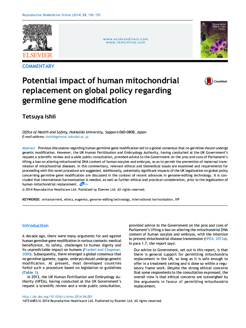 Potential impact of human mitochondrial replacement on global policy regarding germline gene modification