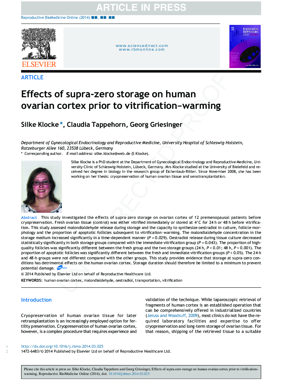 Effects of supra-zero storage on human ovarian cortex prior to vitrification-warming