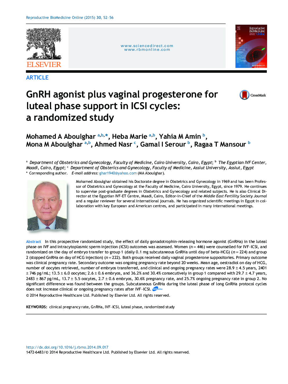 GnRH agonist plus vaginal progesterone for luteal phase support in ICSI cycles: a randomized study