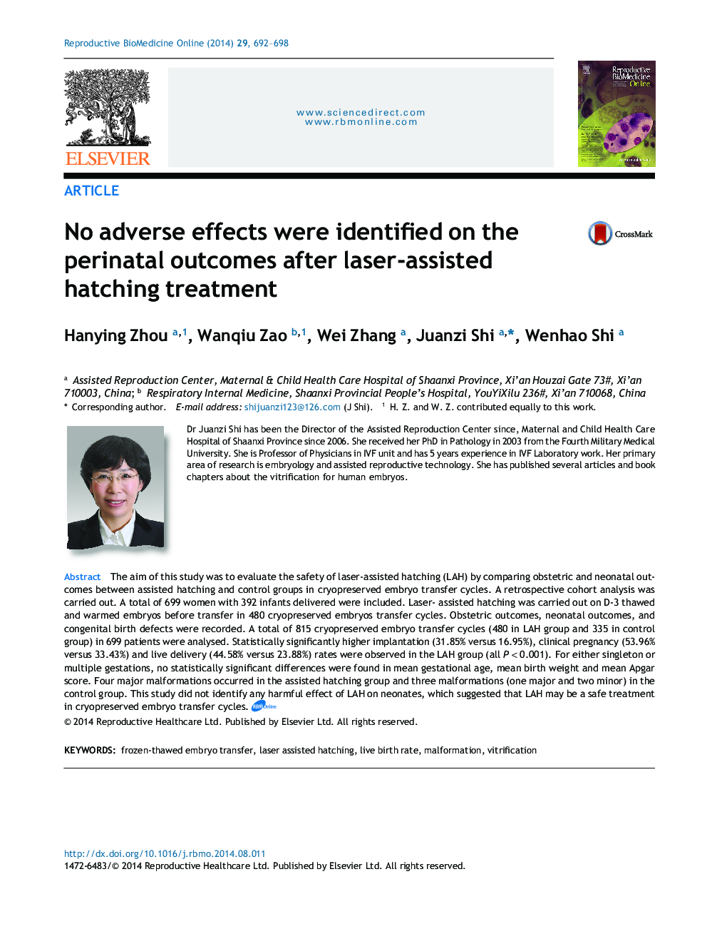 No adverse effects were identified on the perinatal outcomes after laser-assisted hatching treatment