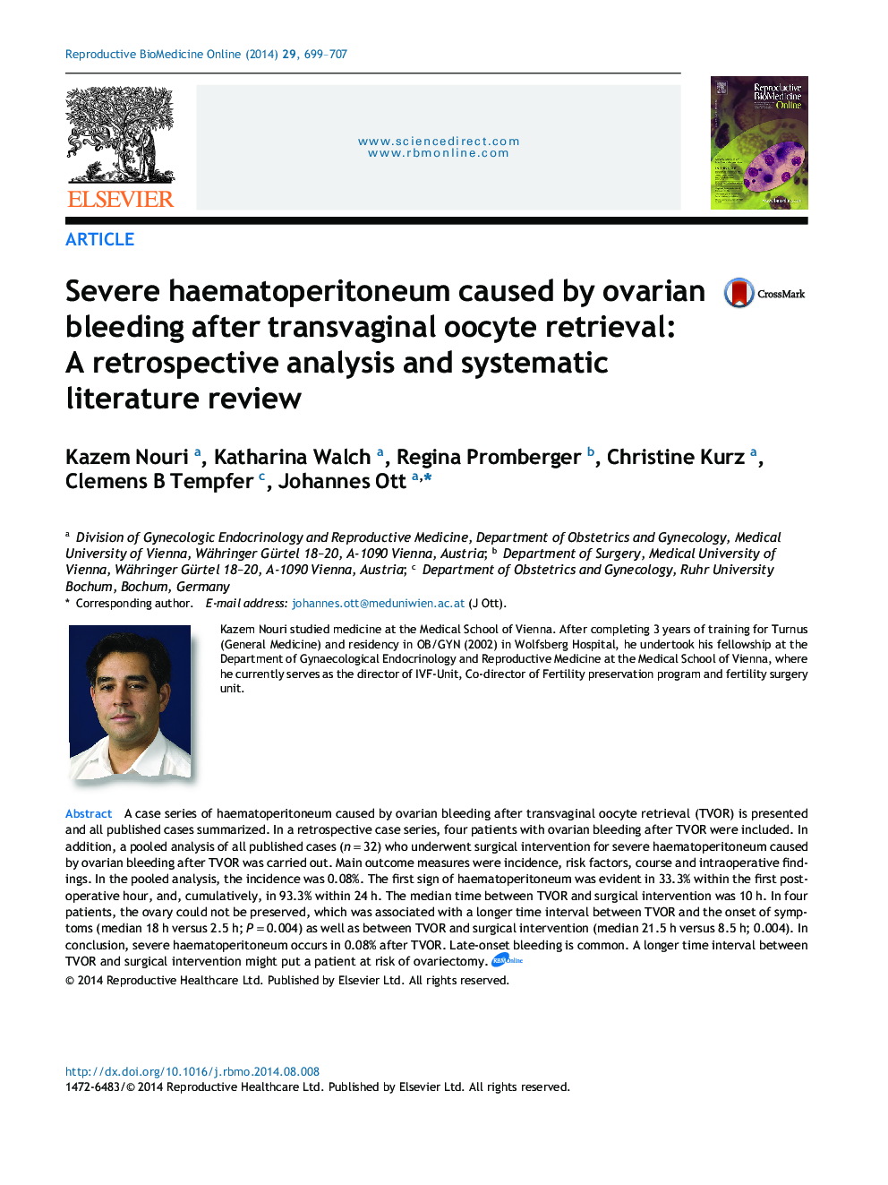 Severe haematoperitoneum caused by ovarian bleeding after transvaginal oocyte retrieval: A retrospective analysis and systematic literature review