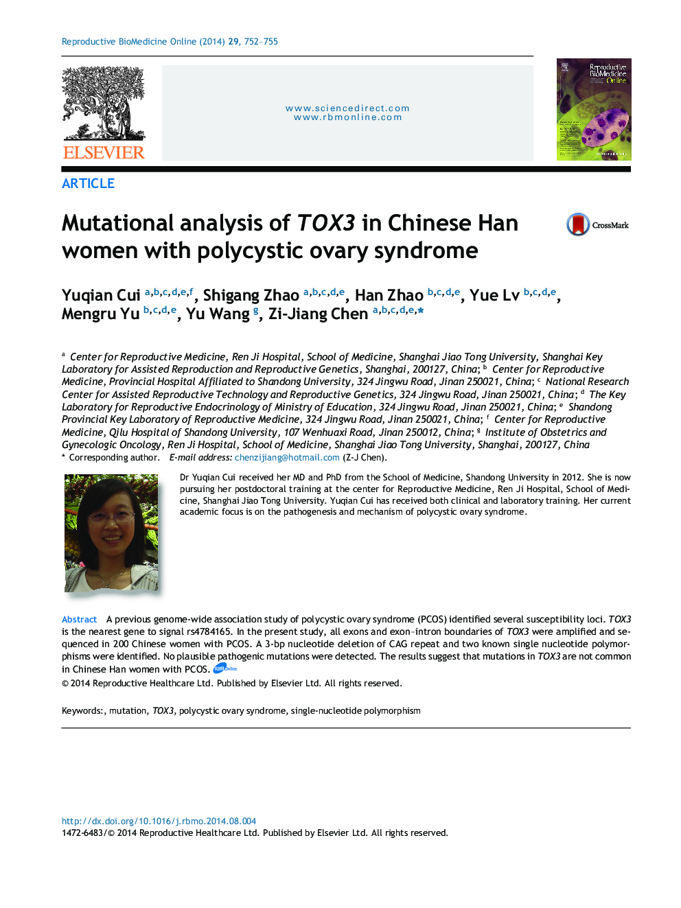 Mutational analysis of TOX3 in Chinese Han women with polycystic ovary syndrome