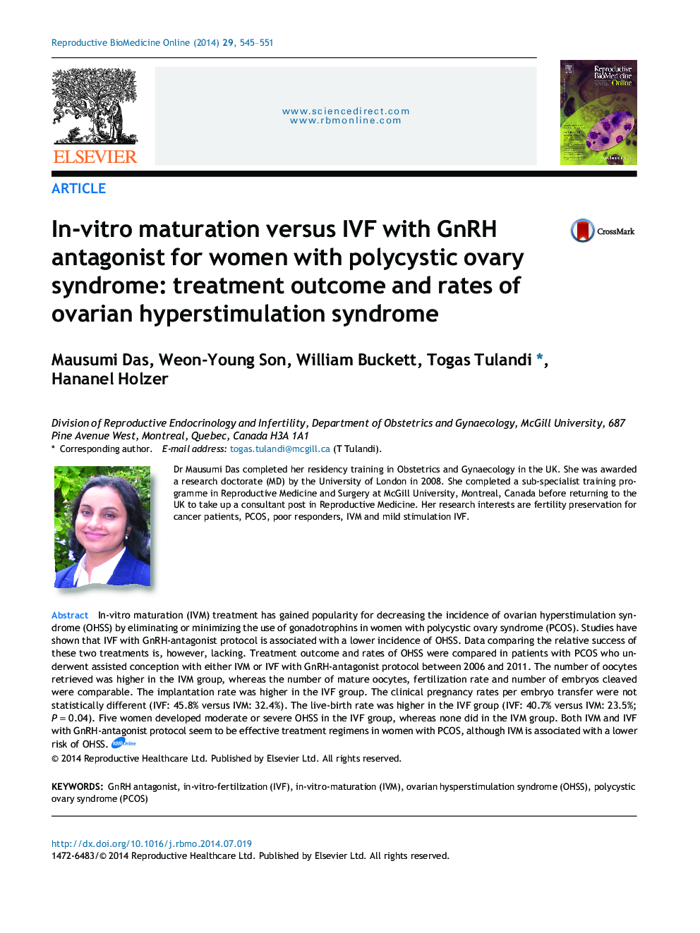 In-vitro maturation versus IVF with GnRH antagonist for women with polycystic ovary syndrome: treatment outcome and rates of ovarian hyperstimulation syndrome