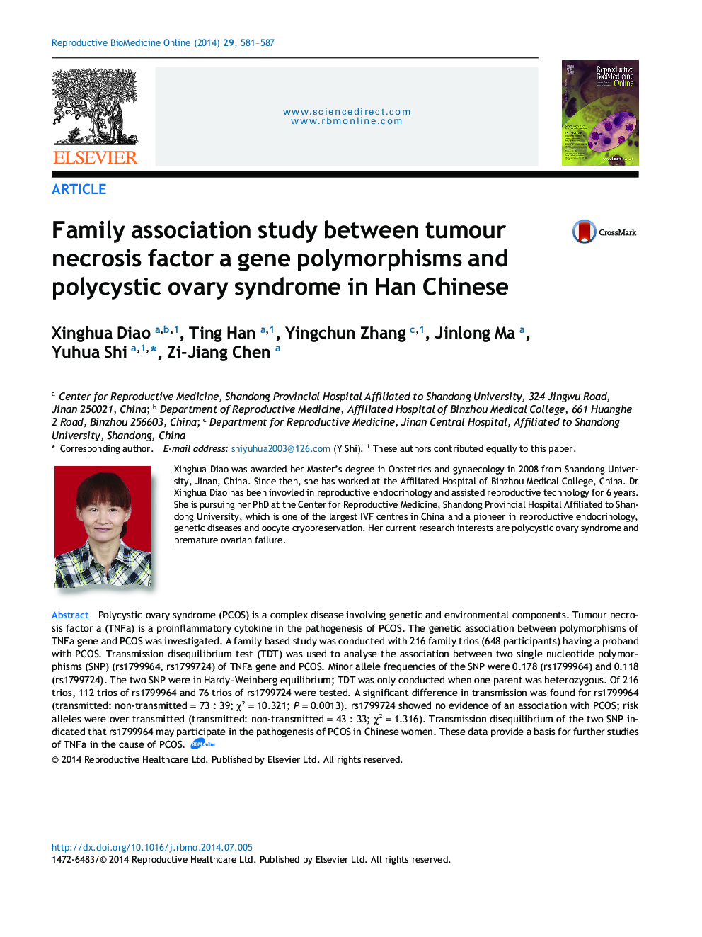 Family association study between tumour necrosis factor a gene polymorphisms and polycystic ovary syndrome in Han Chinese