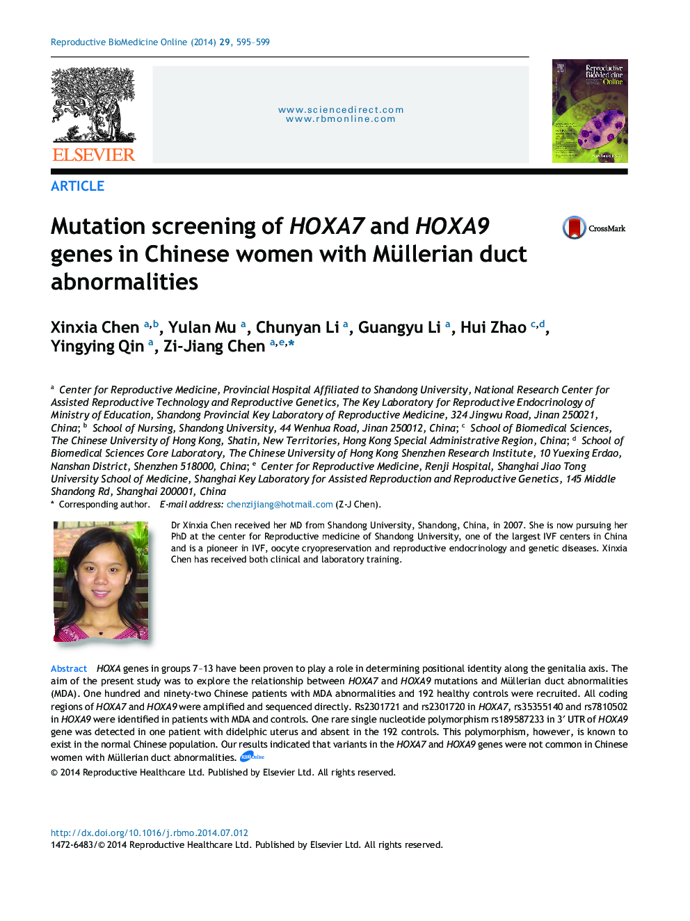 Mutation screening of HOXA7 and HOXA9 genes in Chinese women with Müllerian duct abnormalities