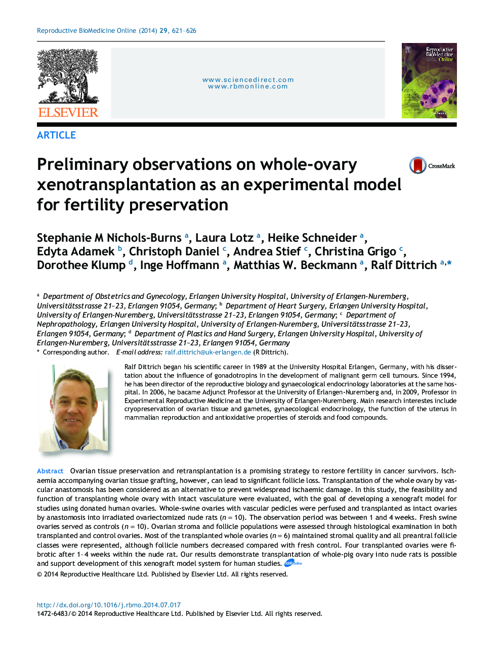 Preliminary observations on whole-ovary xenotransplantation as an experimental model for fertility preservation