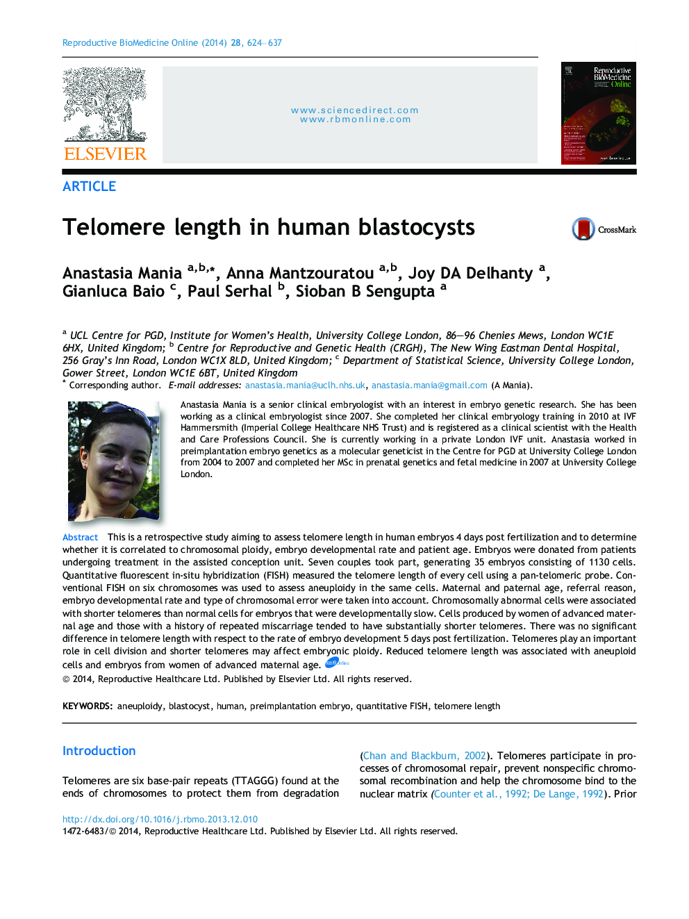 Telomere length in human blastocysts