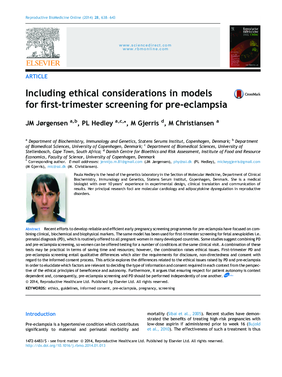 Including ethical considerations in models for first-trimester screening for pre-eclampsia