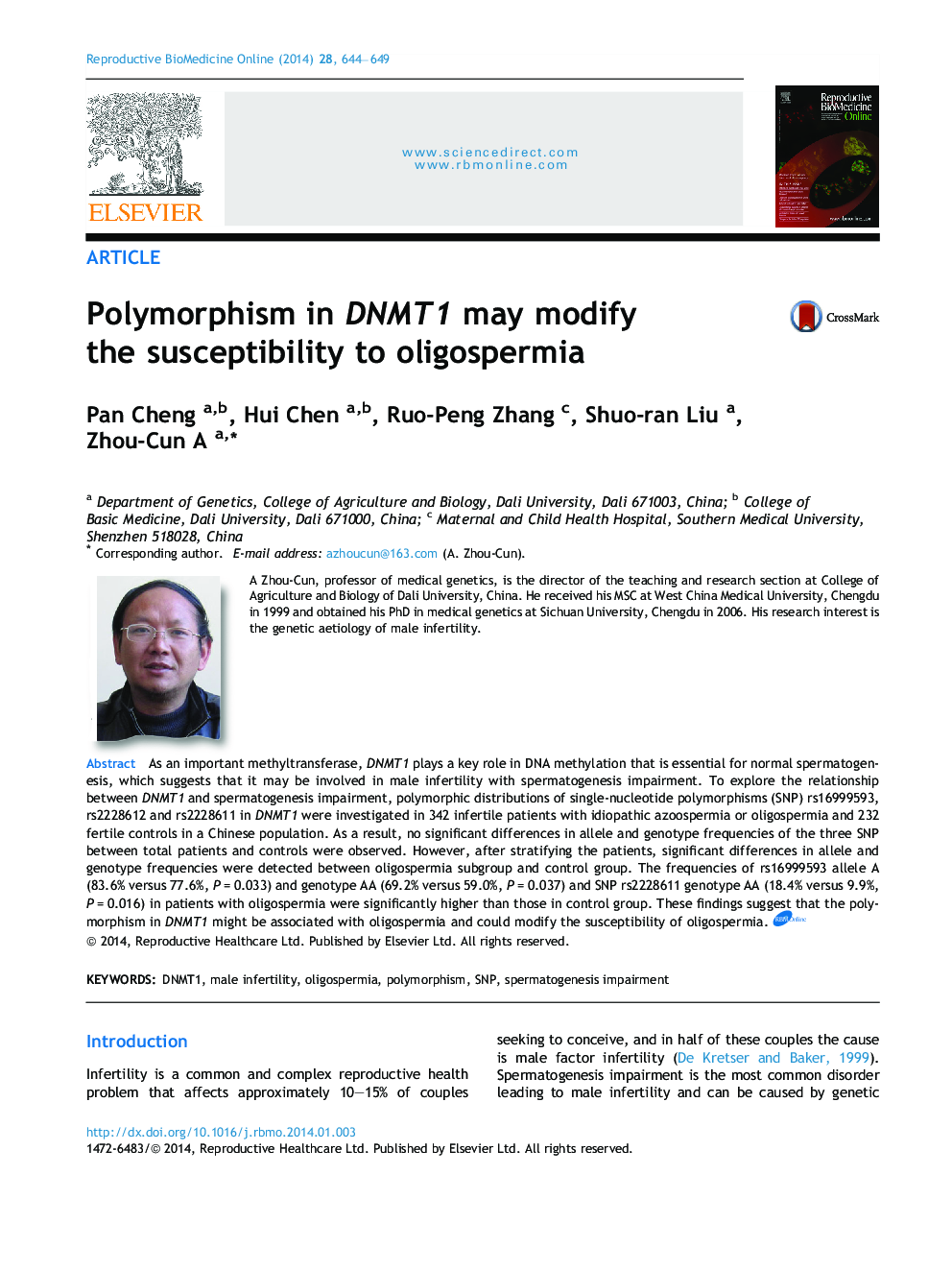 Polymorphism in DNMT1 may modify the susceptibility to oligospermia