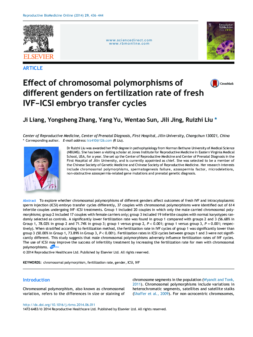 Effect of chromosomal polymorphisms of different genders on fertilization rate of fresh IVF-ICSI embryo transfer cycles