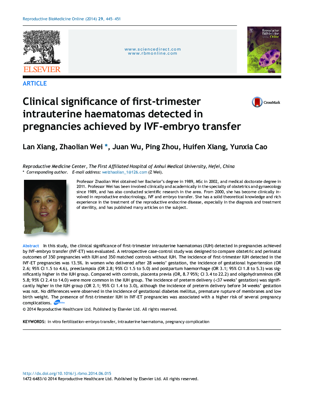 Clinical significance of first-trimester intrauterine haematomas detected in pregnancies achieved by IVF-embryo transfer