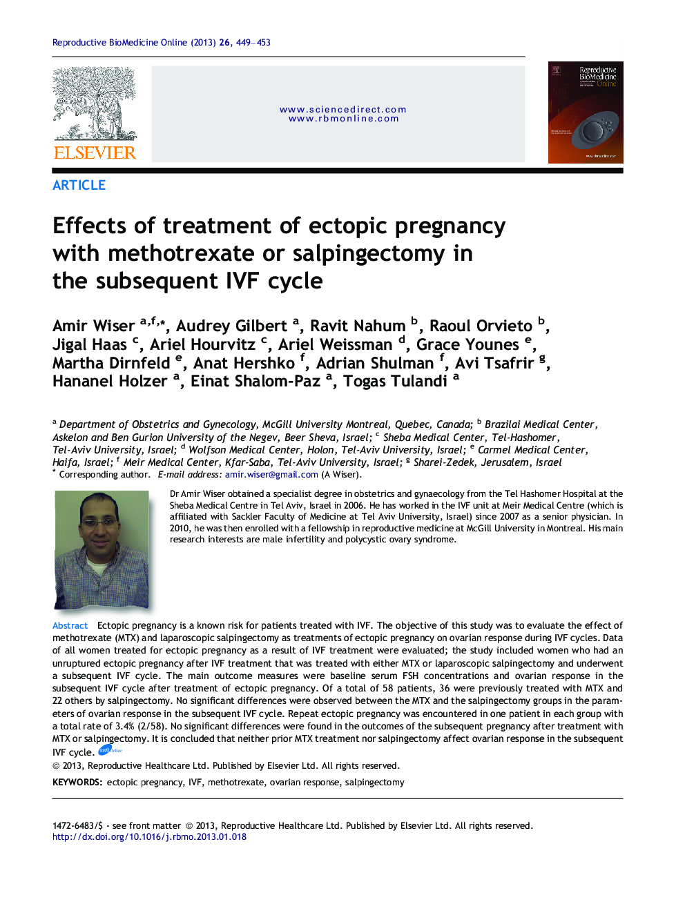 Effects of treatment of ectopic pregnancy with methotrexate or salpingectomy in the subsequent IVF cycle