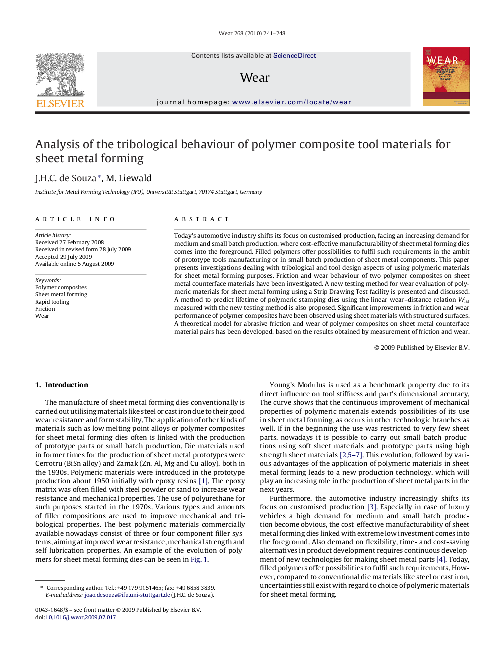 Analysis of the tribological behaviour of polymer composite tool materials for sheet metal forming