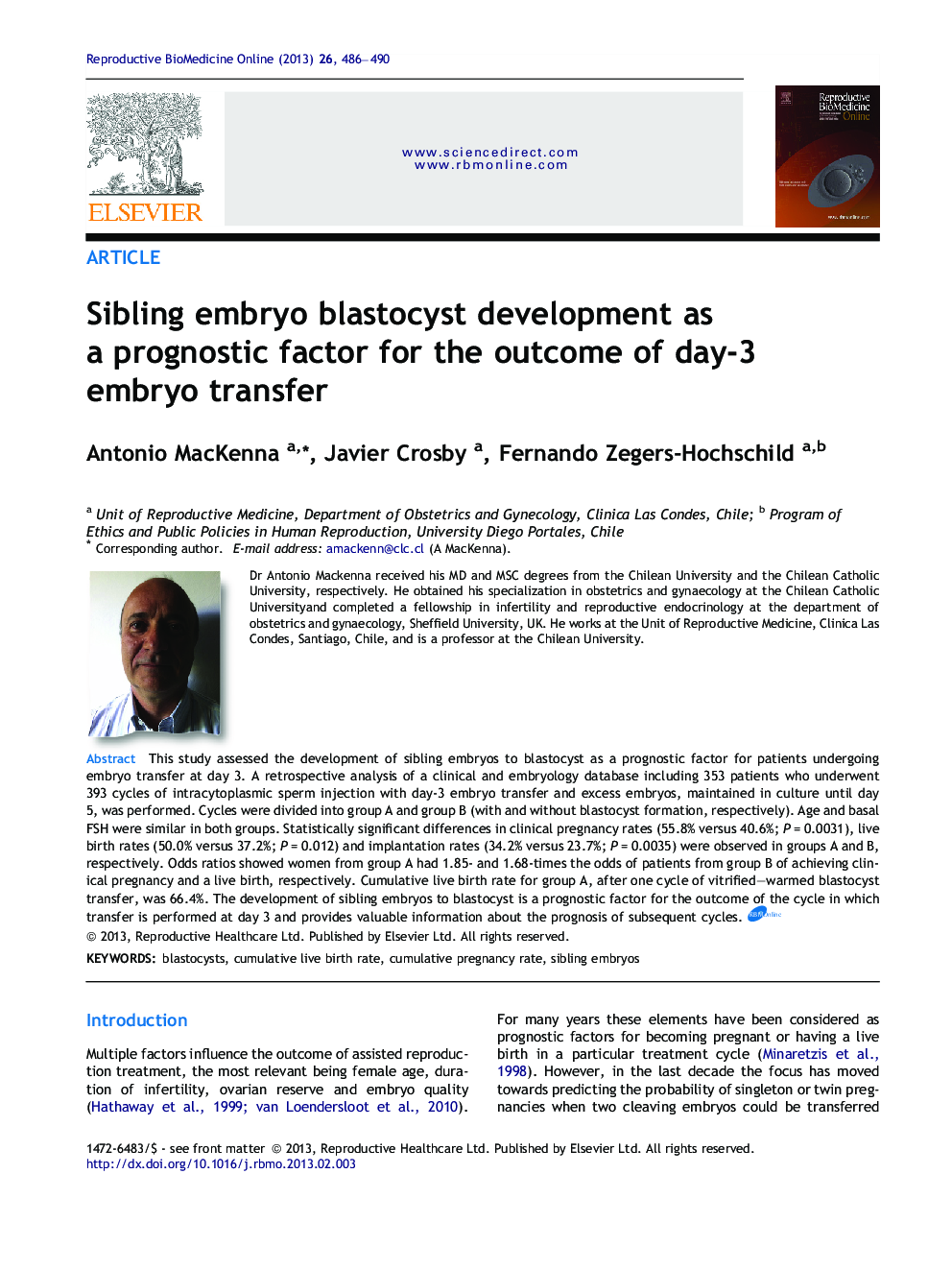 Sibling embryo blastocyst development as a prognostic factor for the outcome of day-3 embryo transfer