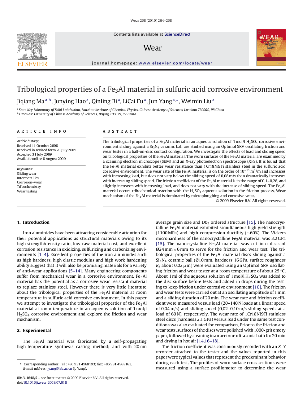 Tribological properties of a Fe3Al material in sulfuric acid corrosive environment