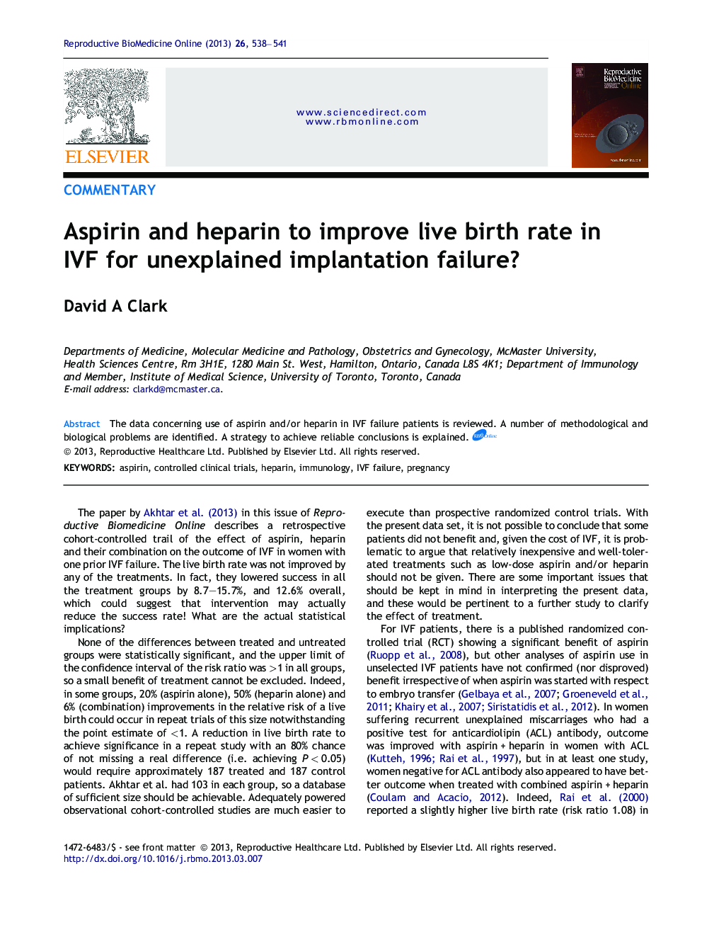 Aspirin and heparin to improve live birth rate in IVF for unexplained implantation failure?