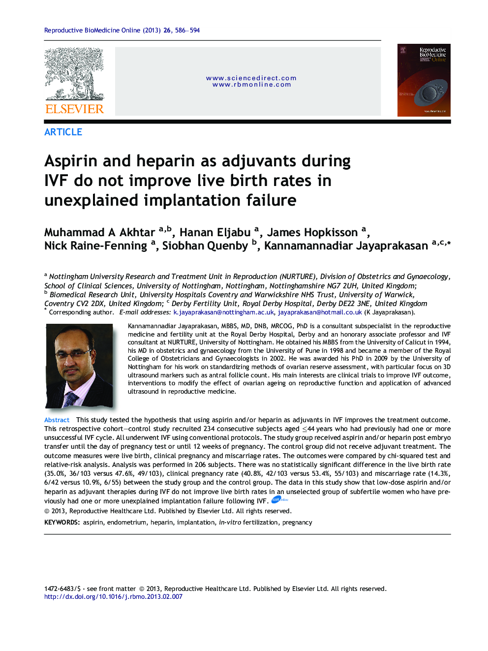 Aspirin and heparin as adjuvants during IVF do not improve live birth rates in unexplained implantation failure