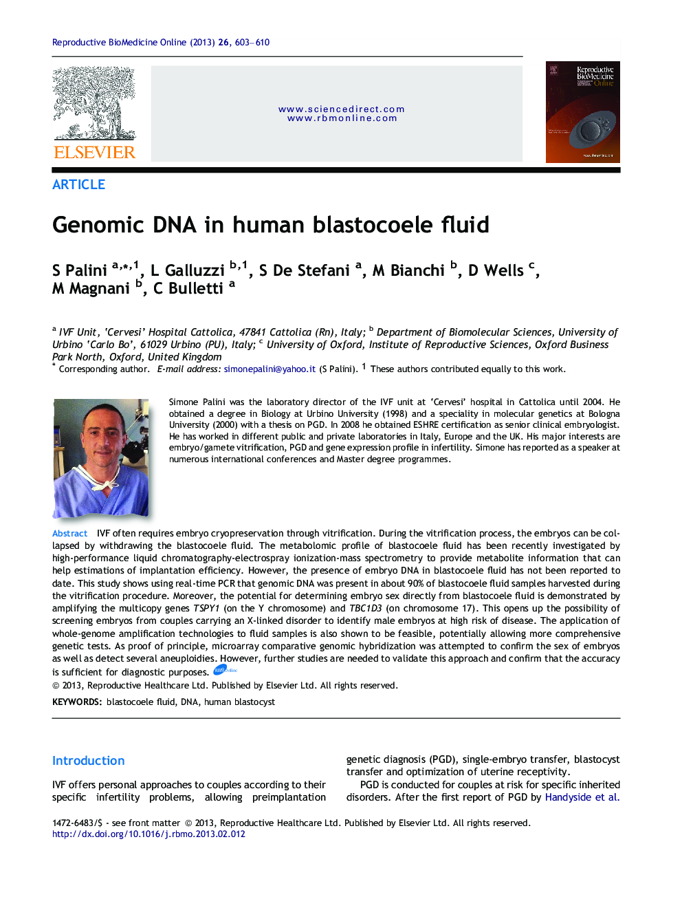 Genomic DNA in human blastocoele fluid