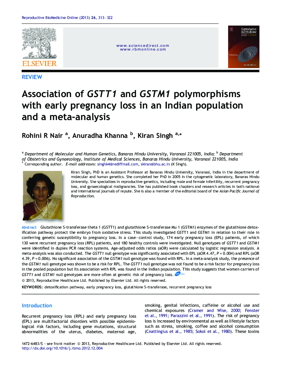 Association of GSTT1 and GSTM1 polymorphisms with early pregnancy loss in an Indian population and a meta-analysis