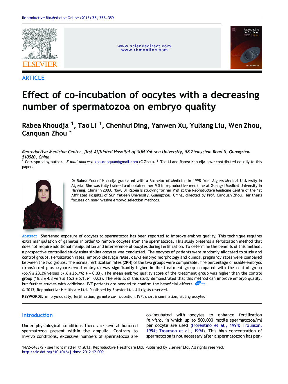 Effect of co-incubation of oocytes with a decreasing number of spermatozoa on embryo quality