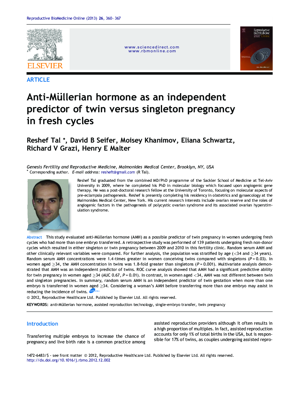Anti-Müllerian hormone as an independent predictor of twin versus singleton pregnancy in fresh cycles