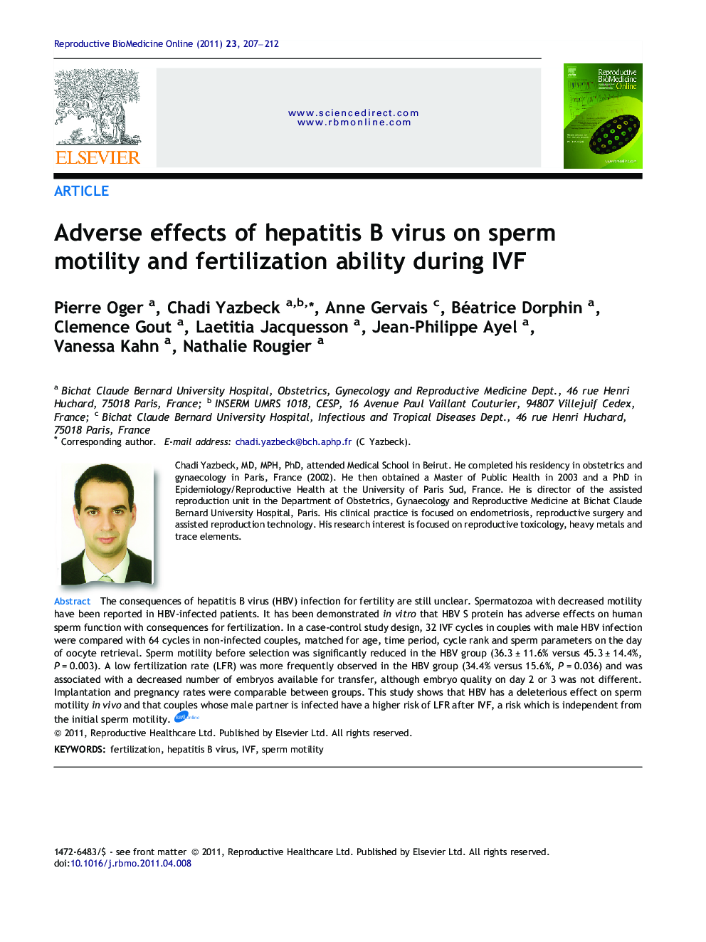 Adverse effects of hepatitis B virus on sperm motility and fertilization ability during IVF