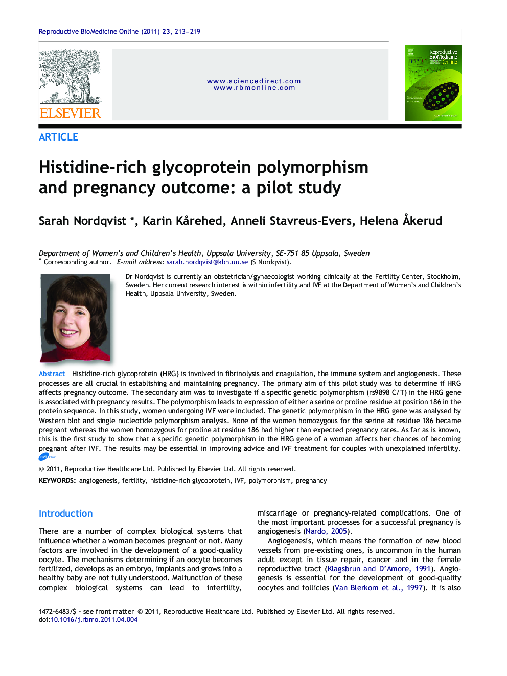 Histidine-rich glycoprotein polymorphism and pregnancy outcome: a pilot study