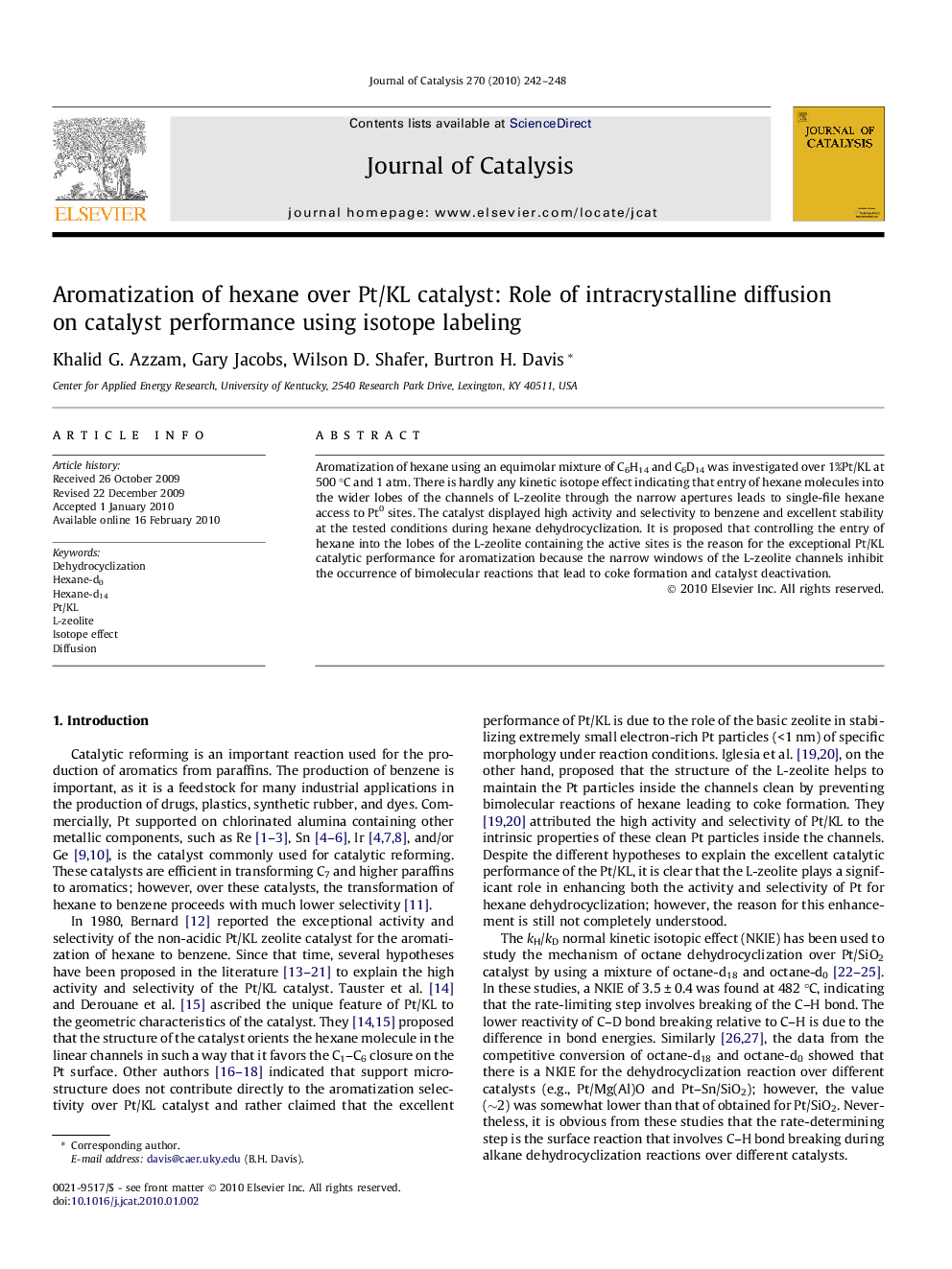 Aromatization of hexane over Pt/KL catalyst: Role of intracrystalline diffusion on catalyst performance using isotope labeling